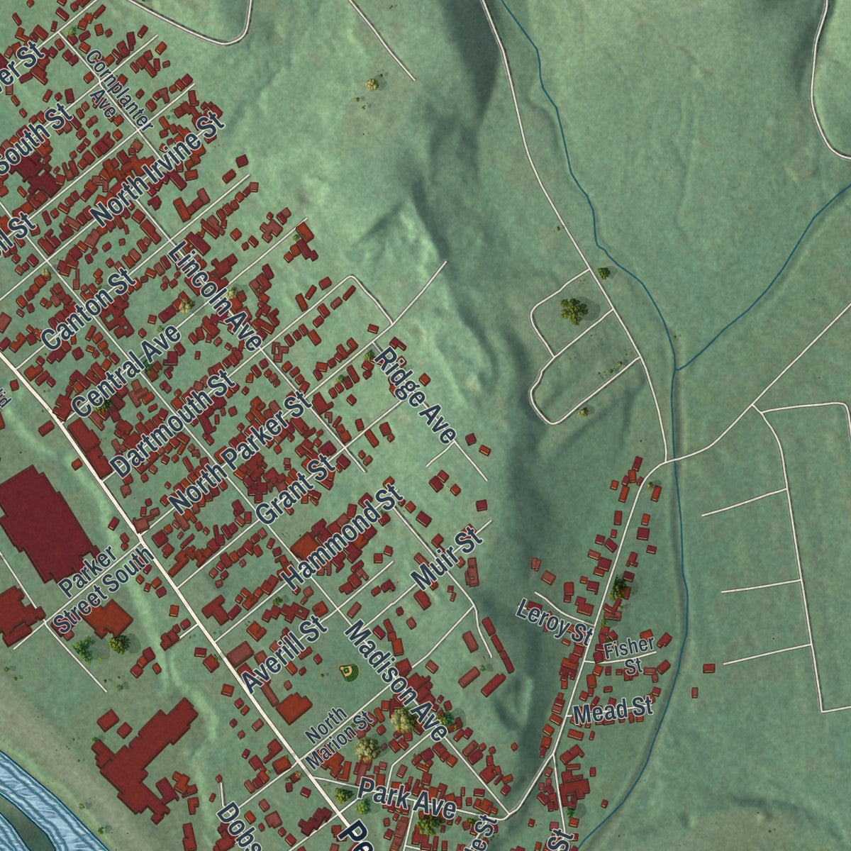 Second close-up of the map of Warren, Warren County, Pennsylvania print showing more streets and buildings
