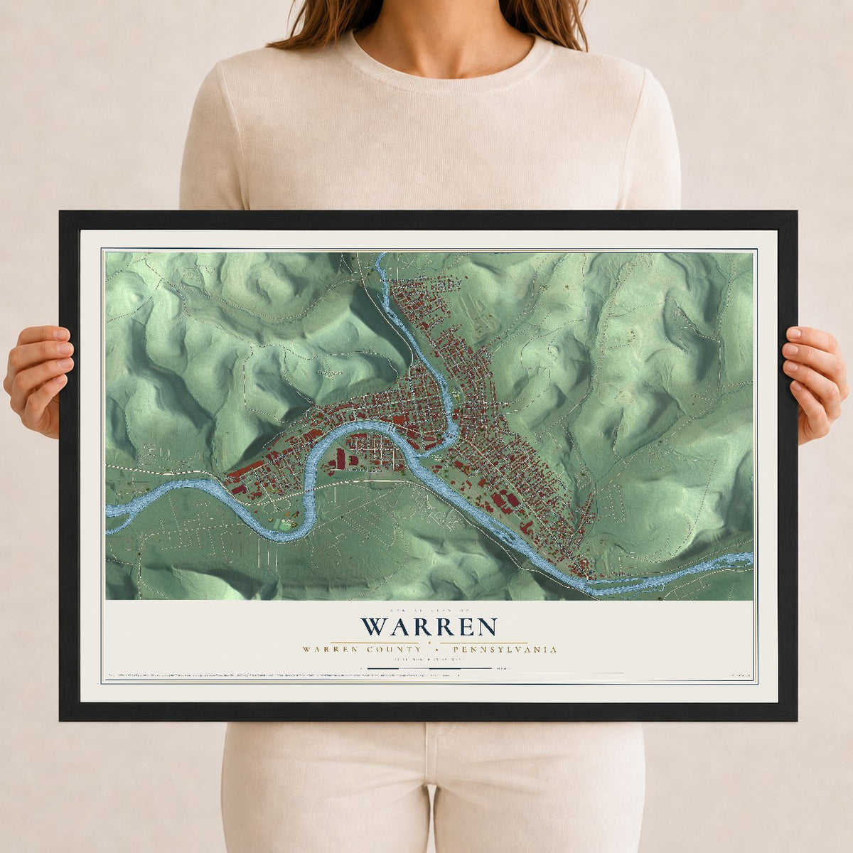 Map of Warren, Warren County, Pennsylvania, 12 x 18 inch print in a black wood frame