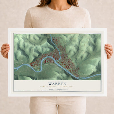Map of Warren, Warren County, Pennsylvania, 12 x 18 inch print in a white wood frame