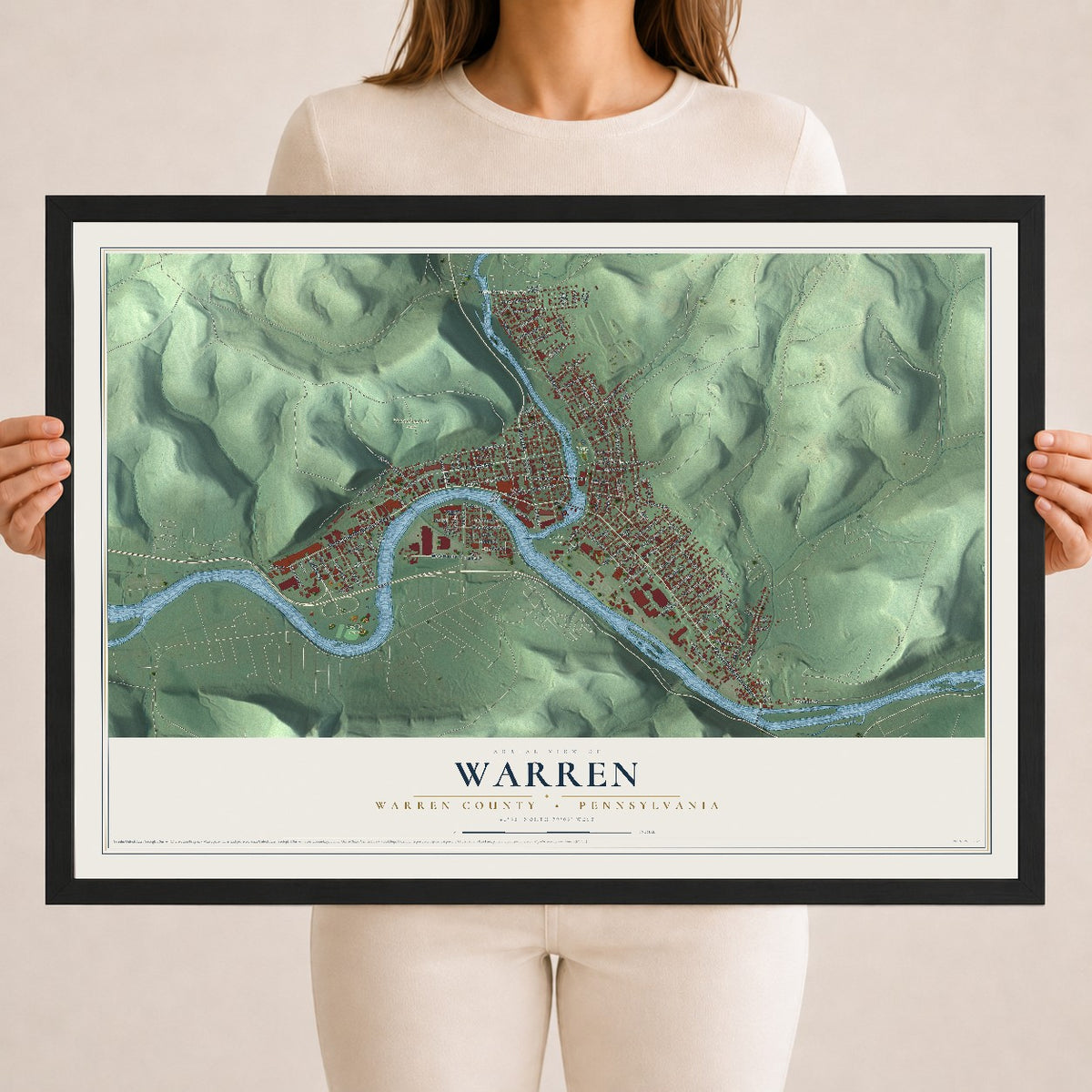 Map of Warren, Warren County, Pennsylvania, 18 x 24 inch print in a black wood frame