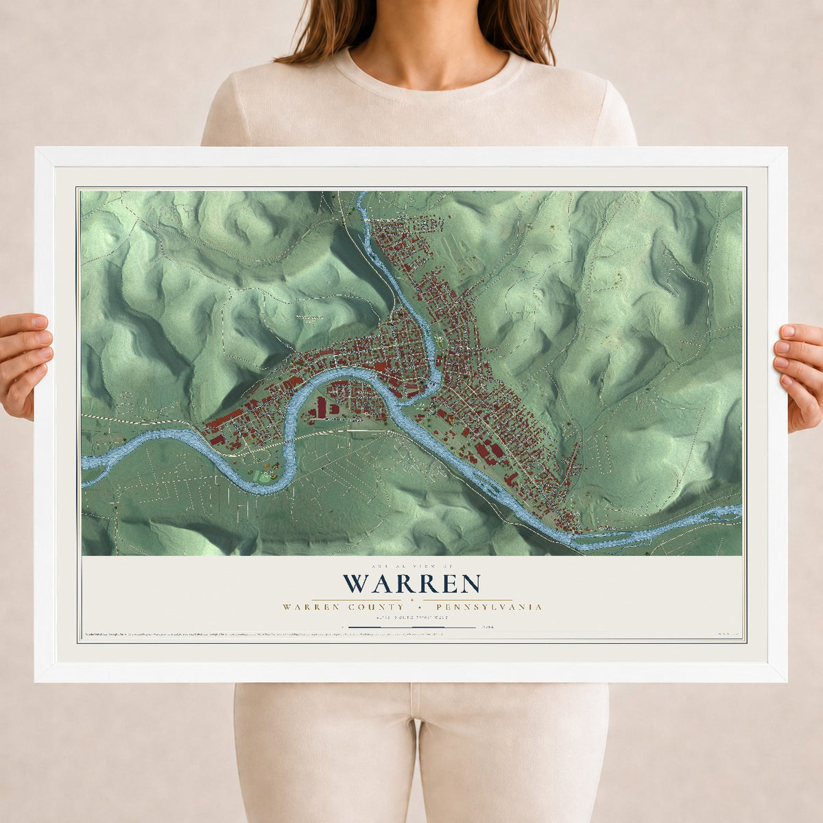 Map of Warren, Warren County, Pennsylvania, 18 x 24 inch print in a white wood frame