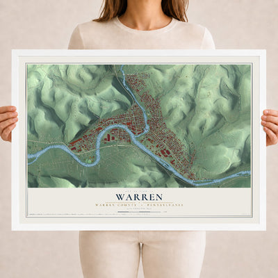 Map of Warren, Warren County, Pennsylvania, 18 x 24 inch print in a white wood frame