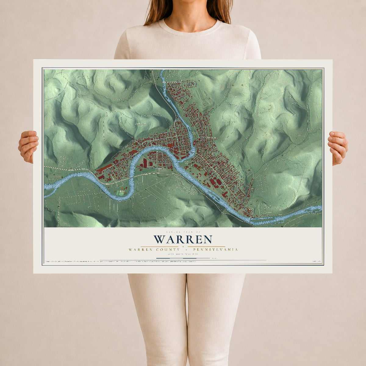 Map of Warren, Warren County, Pennsylvania, 24 x 36 inch unframed archival matte print