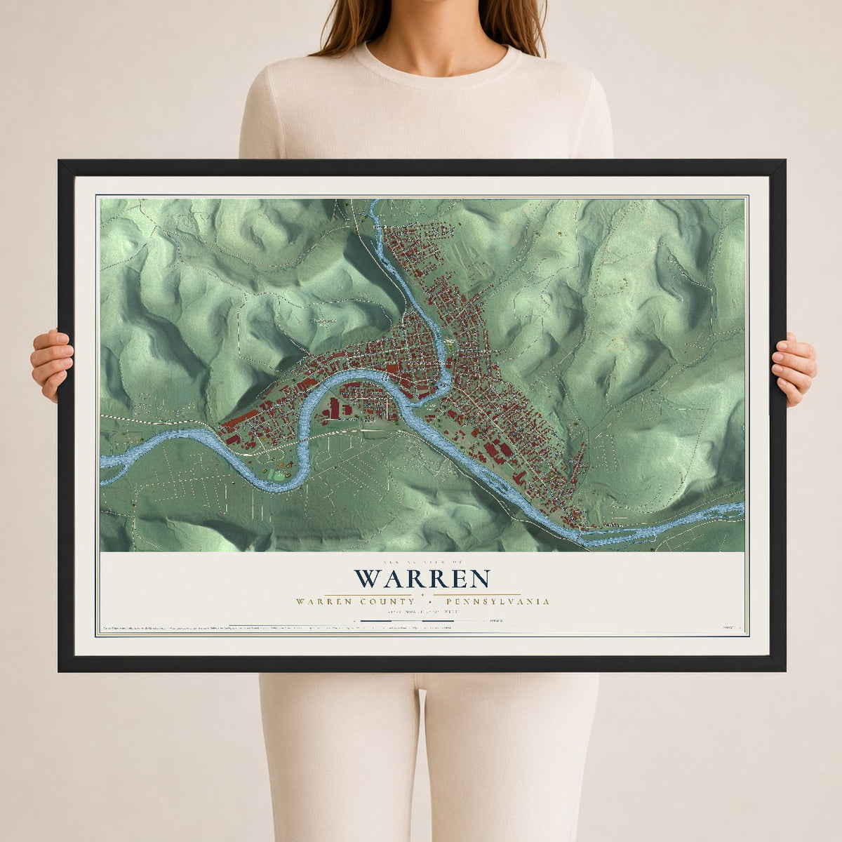 Map of Warren, Warren County, Pennsylvania, 24 x 36 inch print in a black wood frame