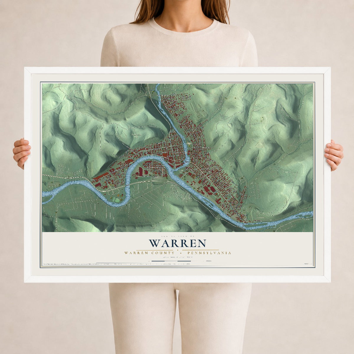 Map of Warren, Warren County, Pennsylvania, 24 x 36 inch print in a white wood frame