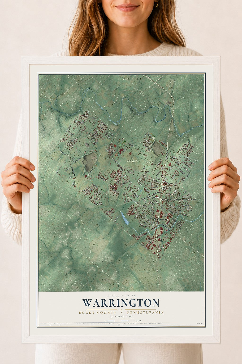 Map of Warrington, Bucks County, Pennsylvania, 18 x 24 inch print in a white wood frame