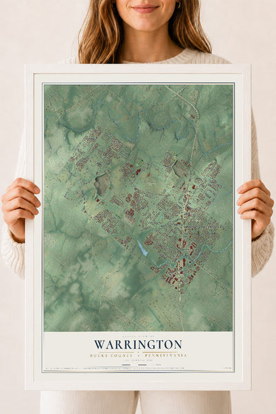 Map of Warrington, Bucks County, Pennsylvania, 18 x 24 inch print in a white wood frame