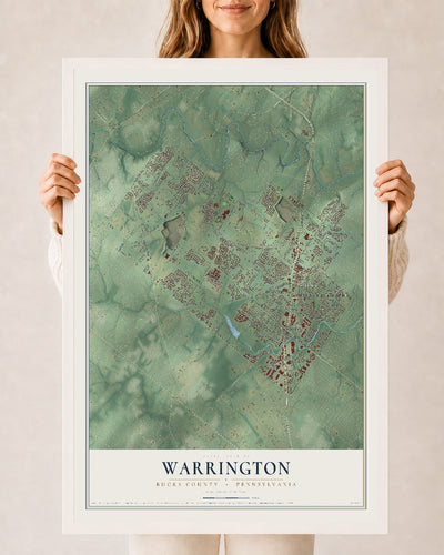 Map of Warrington, Bucks County, Pennsylvania, 24 x 36 inch print in a white wood frame