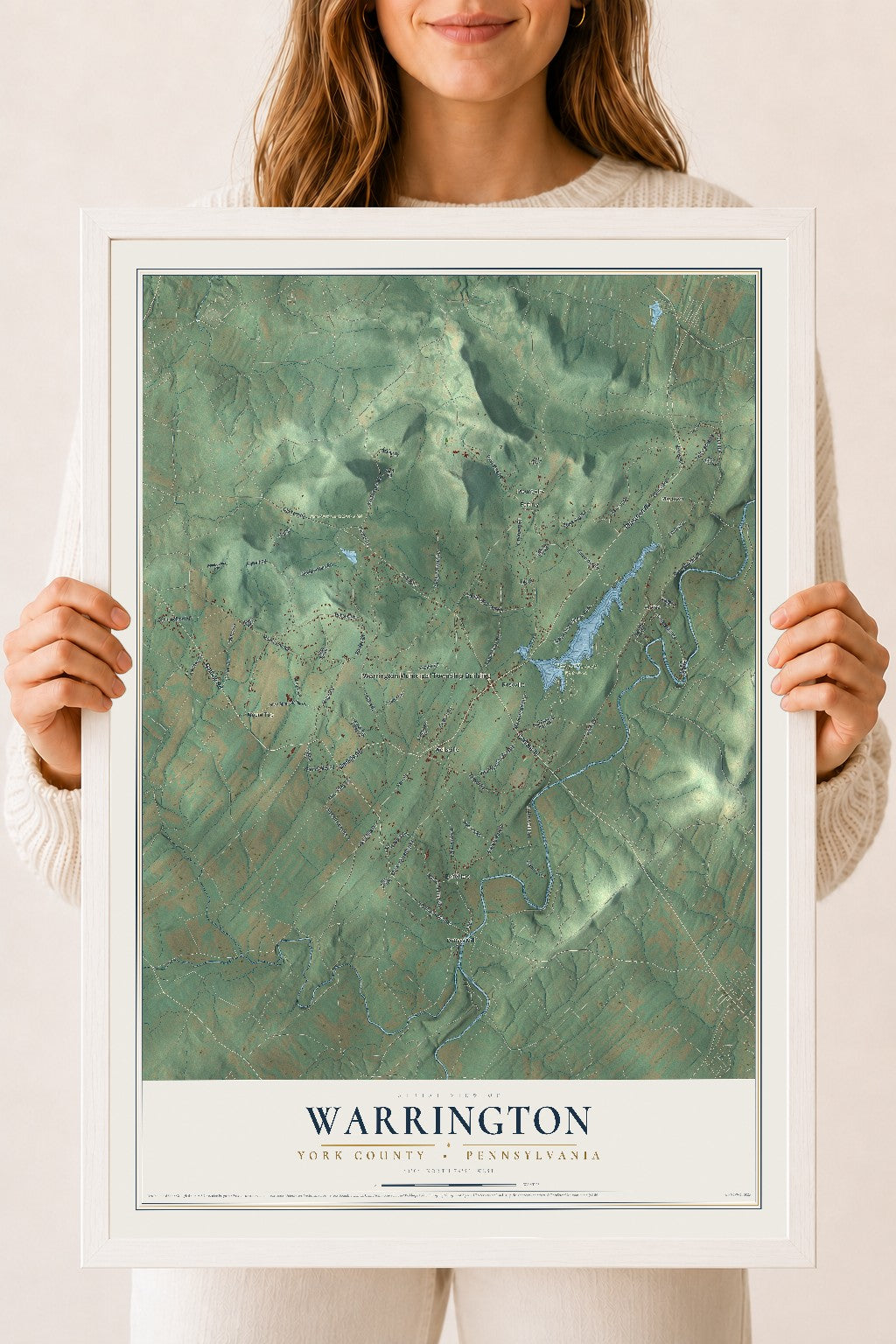 Map of Warrington, York County, Pennsylvania, 18 x 24 inch print in a white wood frame