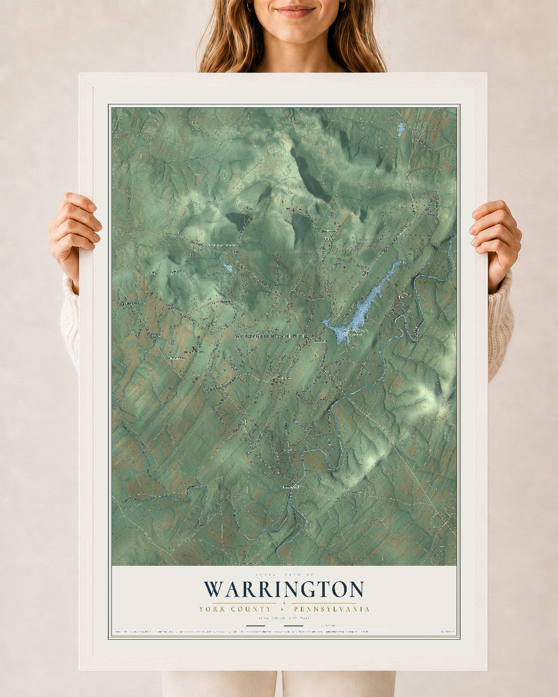 Map of Warrington, York County, Pennsylvania, 24 x 36 inch print in a white wood frame