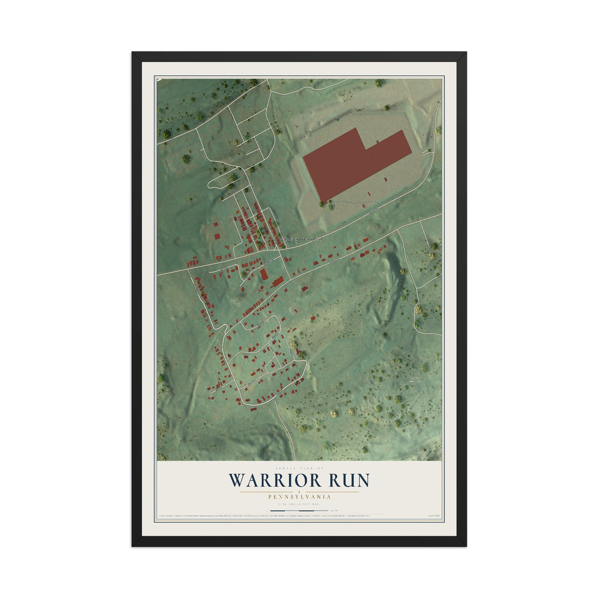 Map of Warrior Run, Pennsylvania, 12 x 18 inch print in a black wood frame