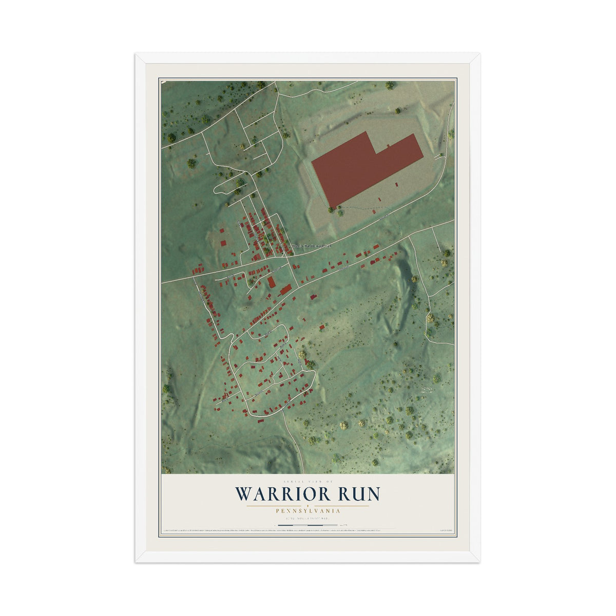 Map of Warrior Run, Pennsylvania, 12 x 18 inch print in a white wood frame