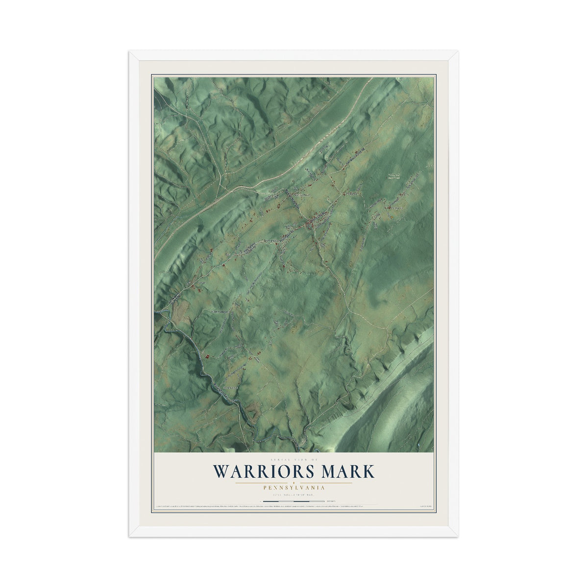 Map of Warriors Mark, Pennsylvania, 12 x 18 inch print in a white wood frame