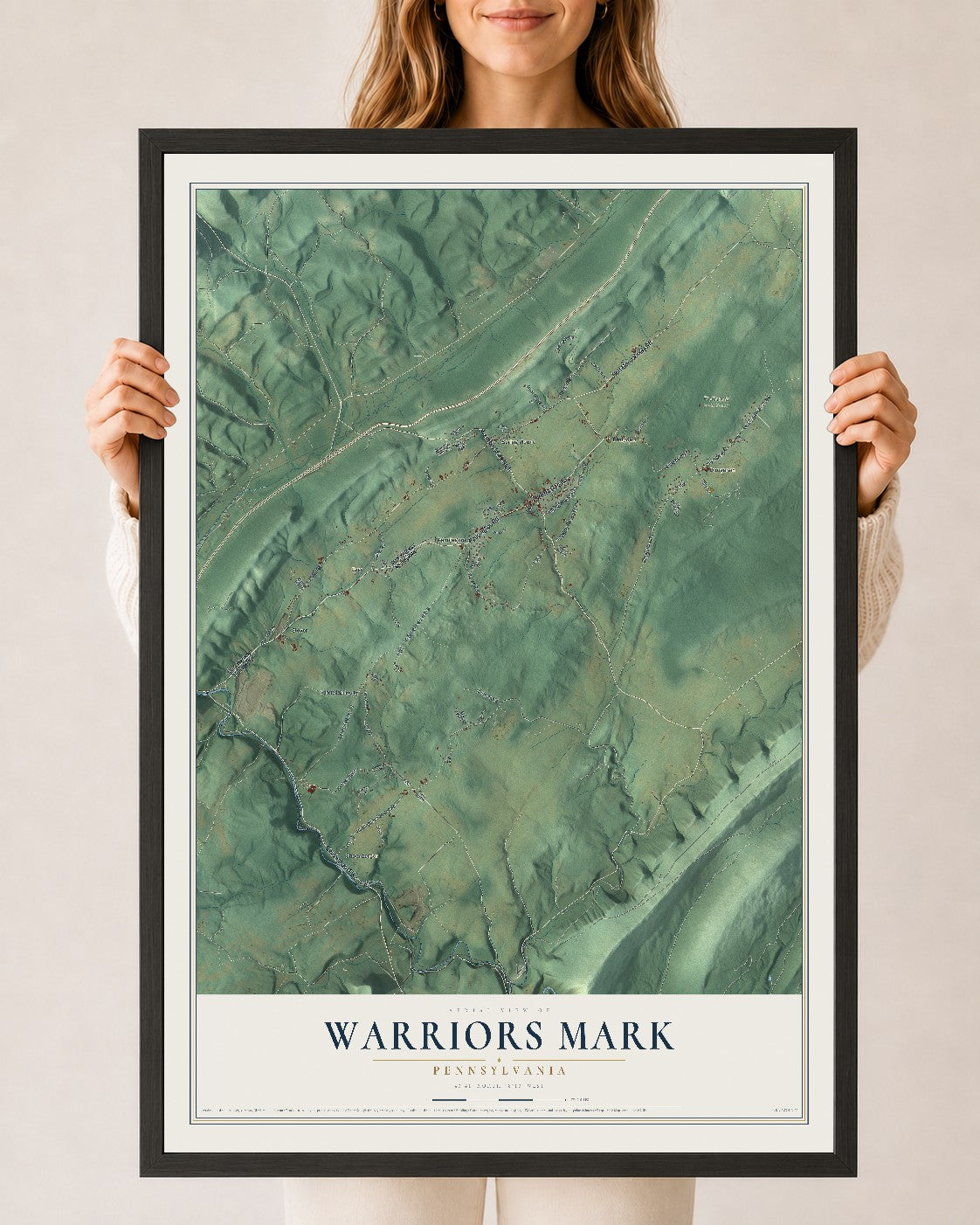 Map of Warriors Mark, Pennsylvania, 24 x 36 inch print in a black wood frame