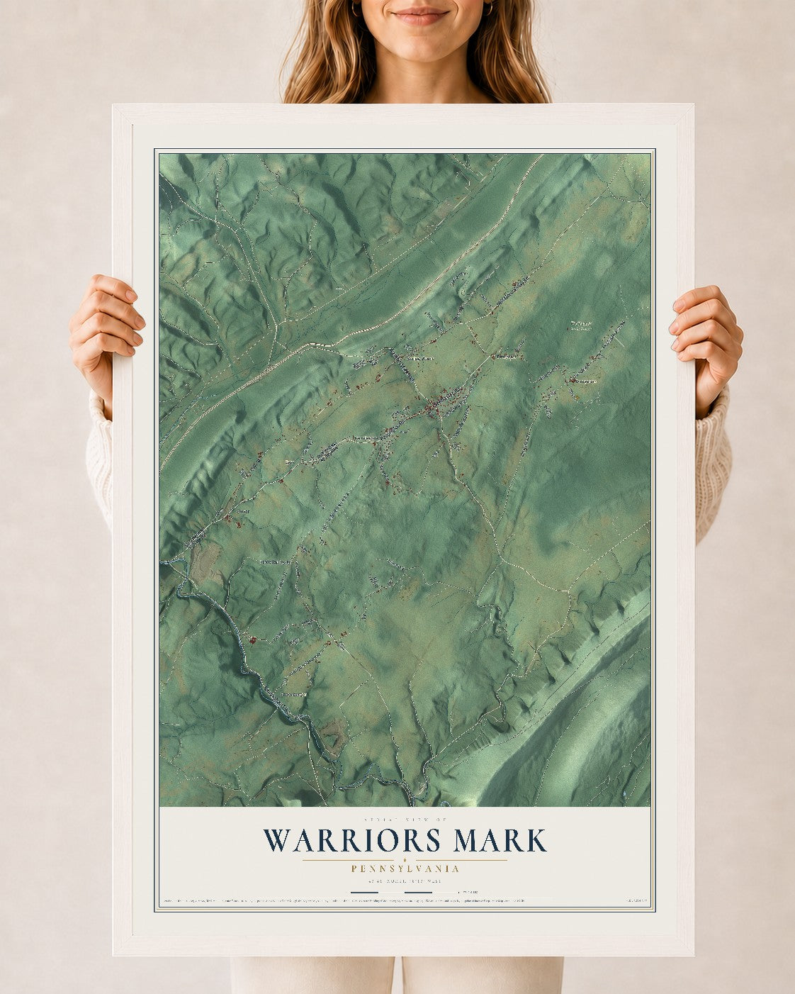 Map of Warriors Mark, Pennsylvania, 24 x 36 inch print in a white wood frame