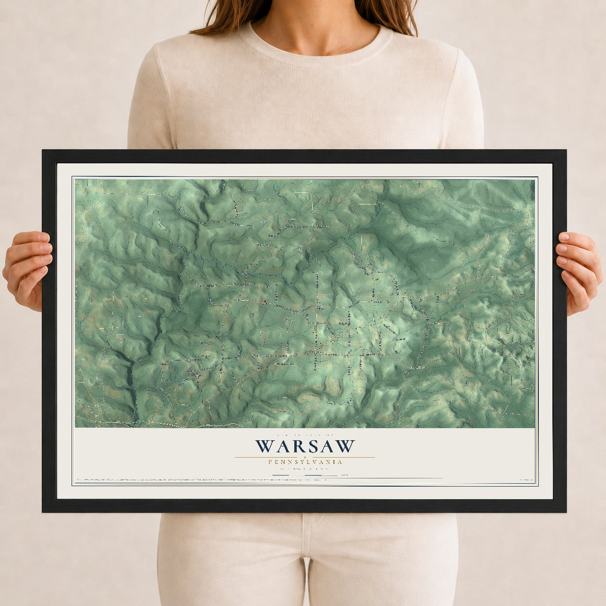 Map of Warsaw, Pennsylvania, 12 x 18 inch print in a black wood frame