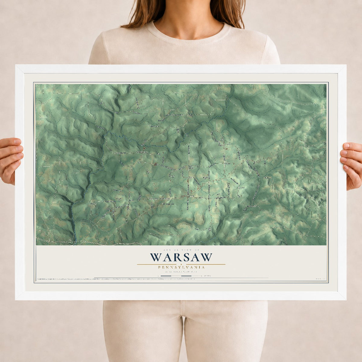 Map of Warsaw, Pennsylvania, 18 x 24 inch print in a white wood frame