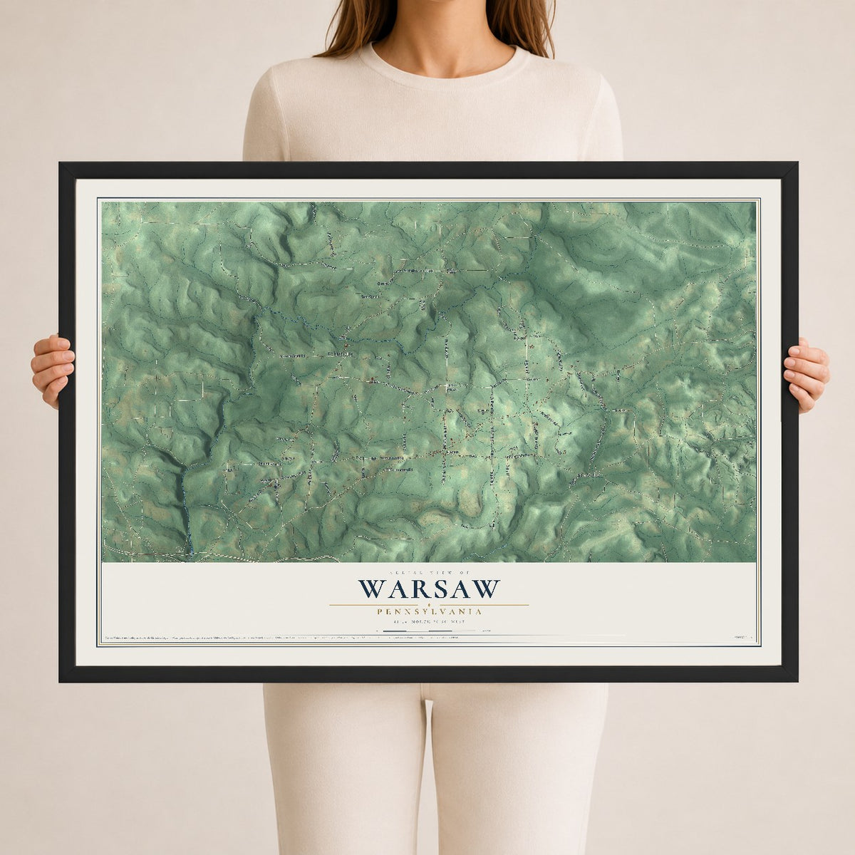 Map of Warsaw, Pennsylvania, 24 x 36 inch print in a black wood frame