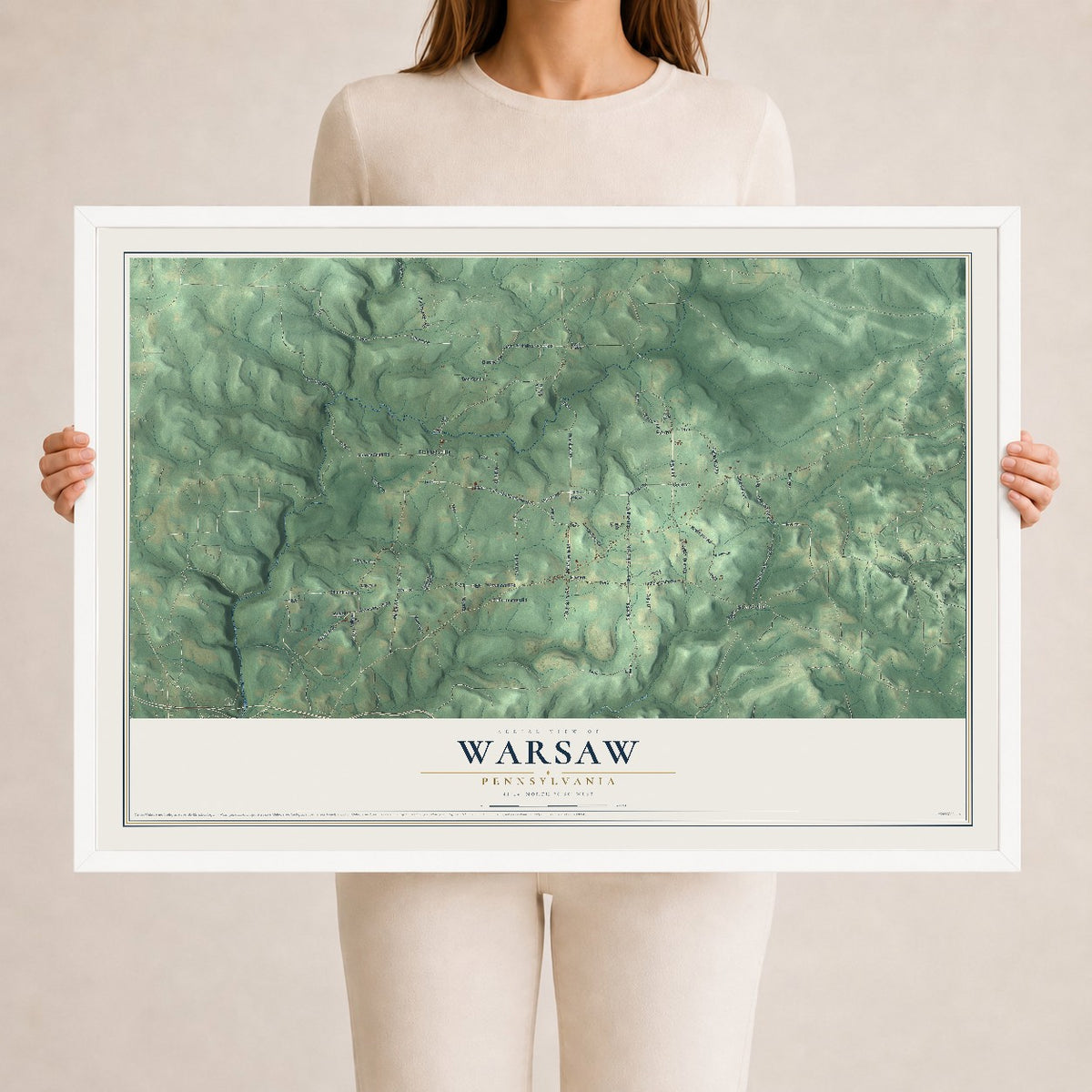 Map of Warsaw, Pennsylvania, 24 x 36 inch print in a white wood frame