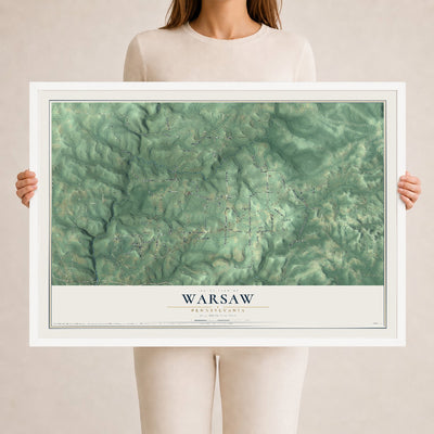 Map of Warsaw, Pennsylvania, 24 x 36 inch print in a white wood frame