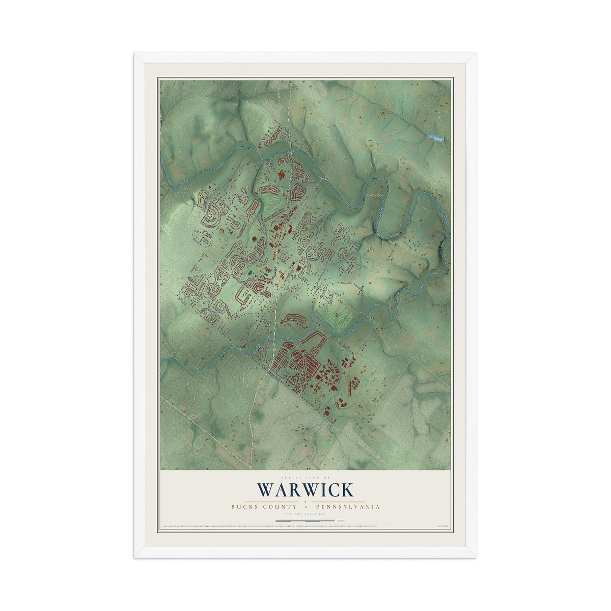 Map of Warwick, Bucks County, Pennsylvania, 12 x 18 inch print in a white wood frame