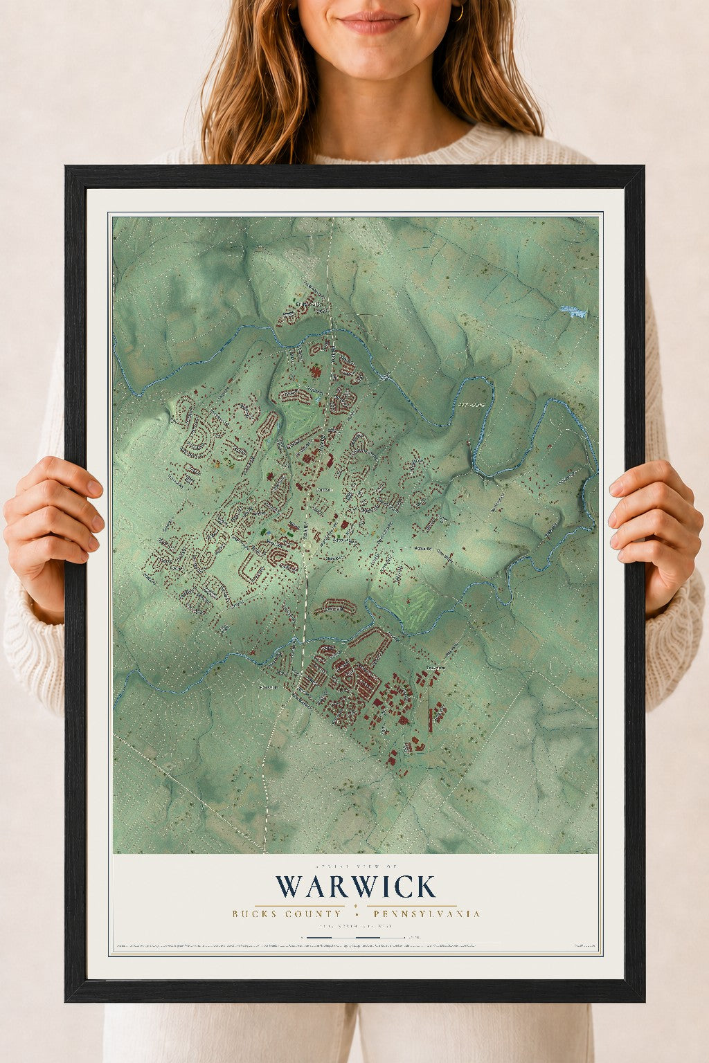 Map of Warwick, Bucks County, Pennsylvania, 18 x 24 inch print in a black wood frame