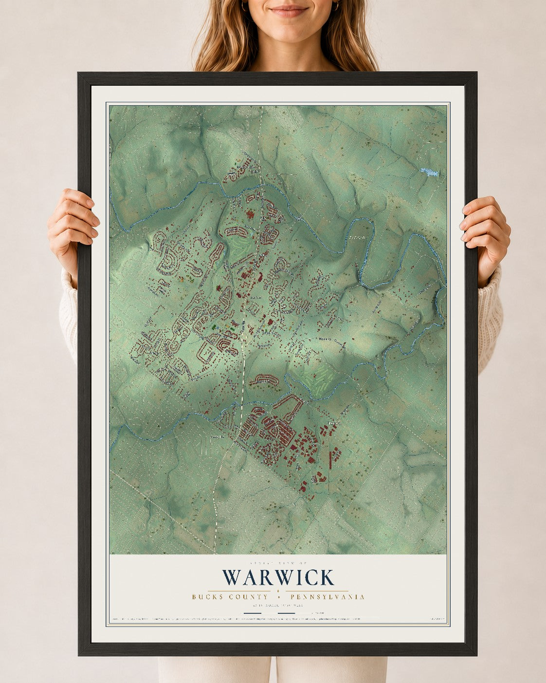 Map of Warwick, Bucks County, Pennsylvania, 24 x 36 inch print in a black wood frame