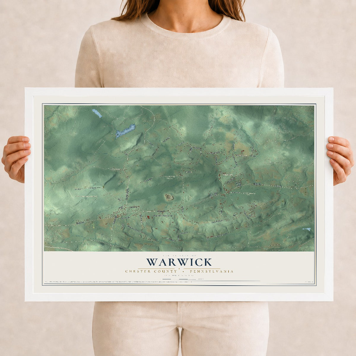 Map of Warwick, Chester County, Pennsylvania, 12 x 18 inch print in a white wood frame