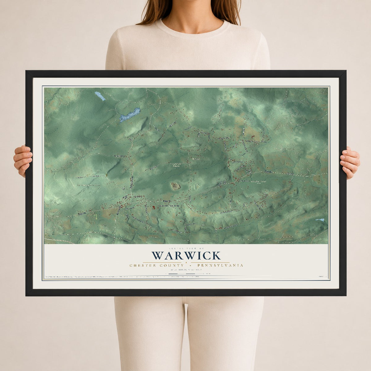 Map of Warwick, Chester County, Pennsylvania, 24 x 36 inch print in a black wood frame