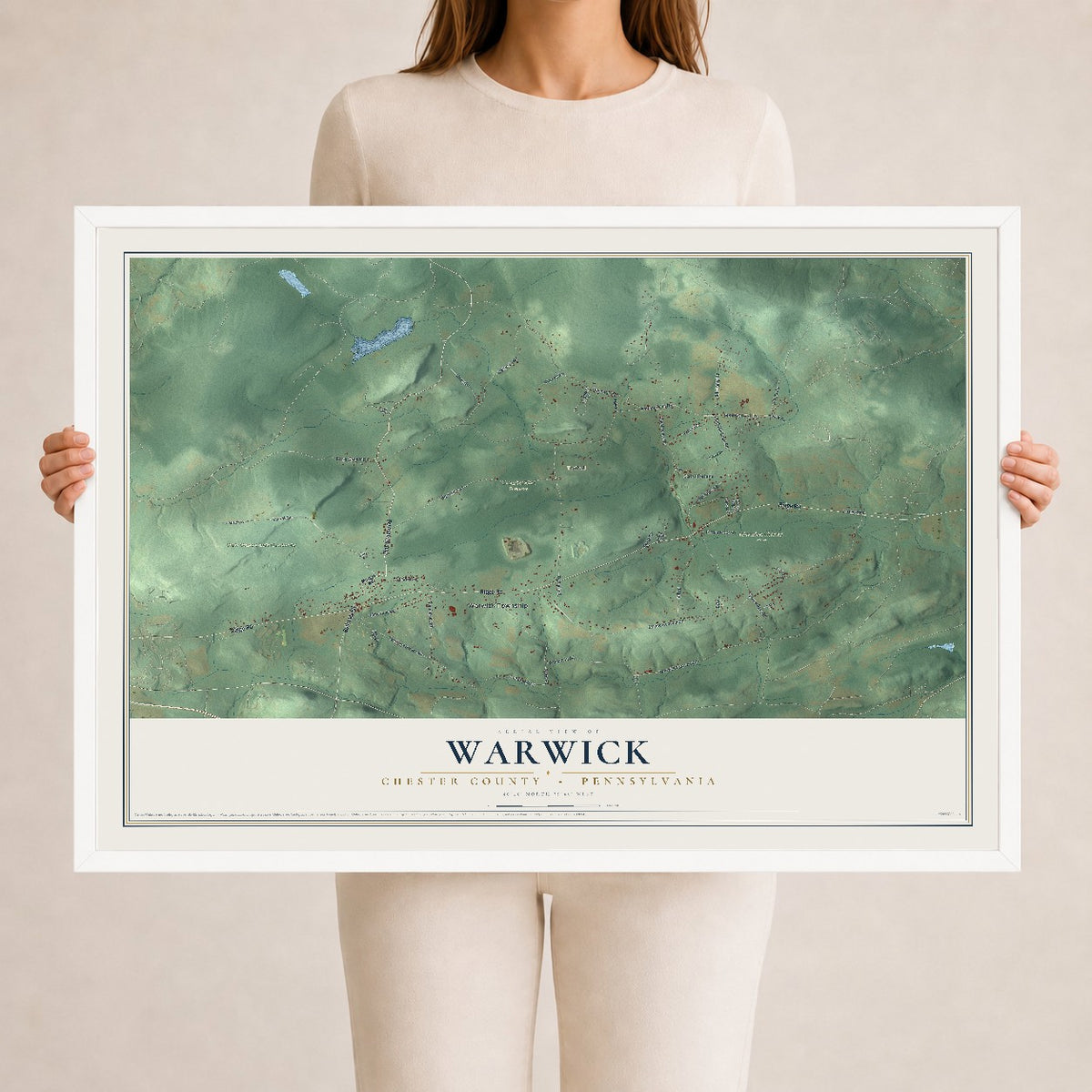 Map of Warwick, Chester County, Pennsylvania, 24 x 36 inch print in a white wood frame