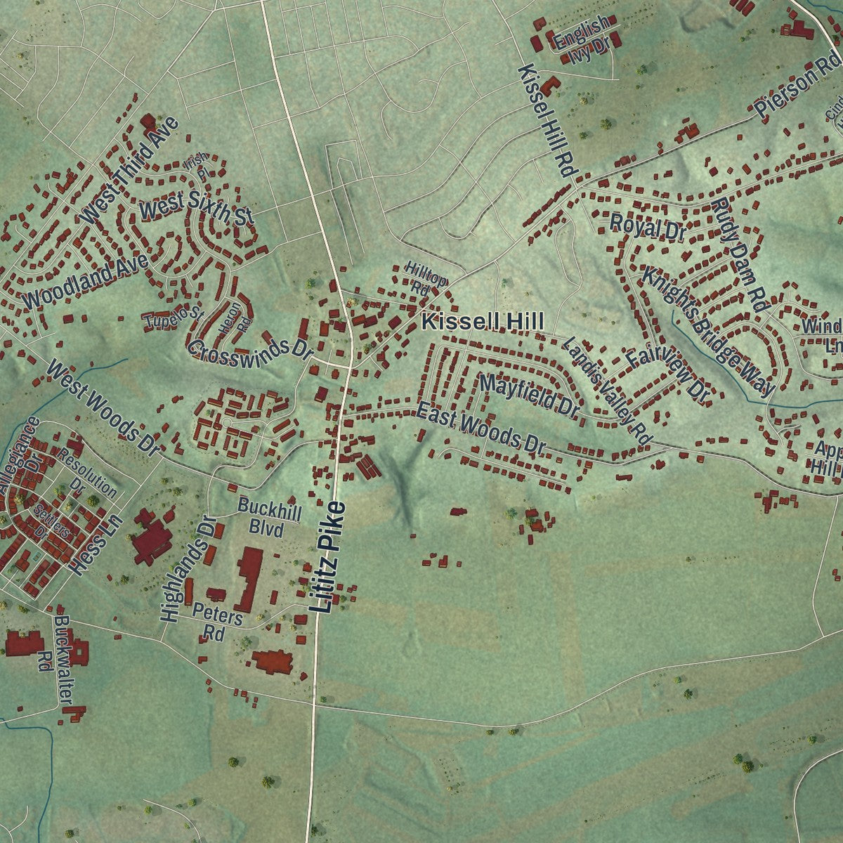 Second close-up of the map of Warwick, Lancaster County, Pennsylvania print showing more streets and buildings