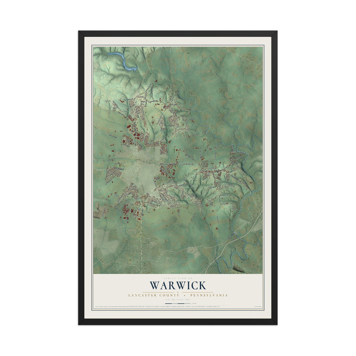 Map of Warwick, Lancaster County, Pennsylvania, 12 x 18 inch print in a black wood frame