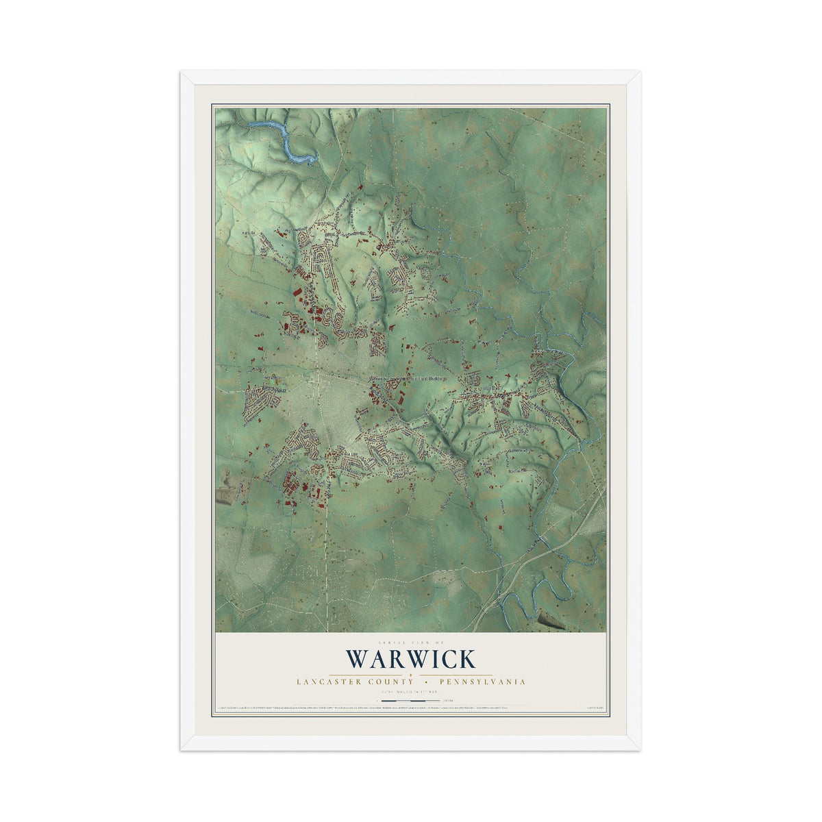 Map of Warwick, Lancaster County, Pennsylvania, 12 x 18 inch print in a white wood frame
