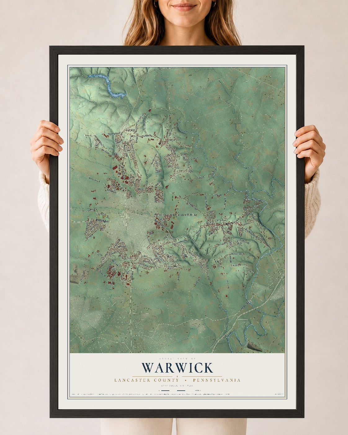 Map of Warwick, Lancaster County, Pennsylvania, 24 x 36 inch print in a black wood frame