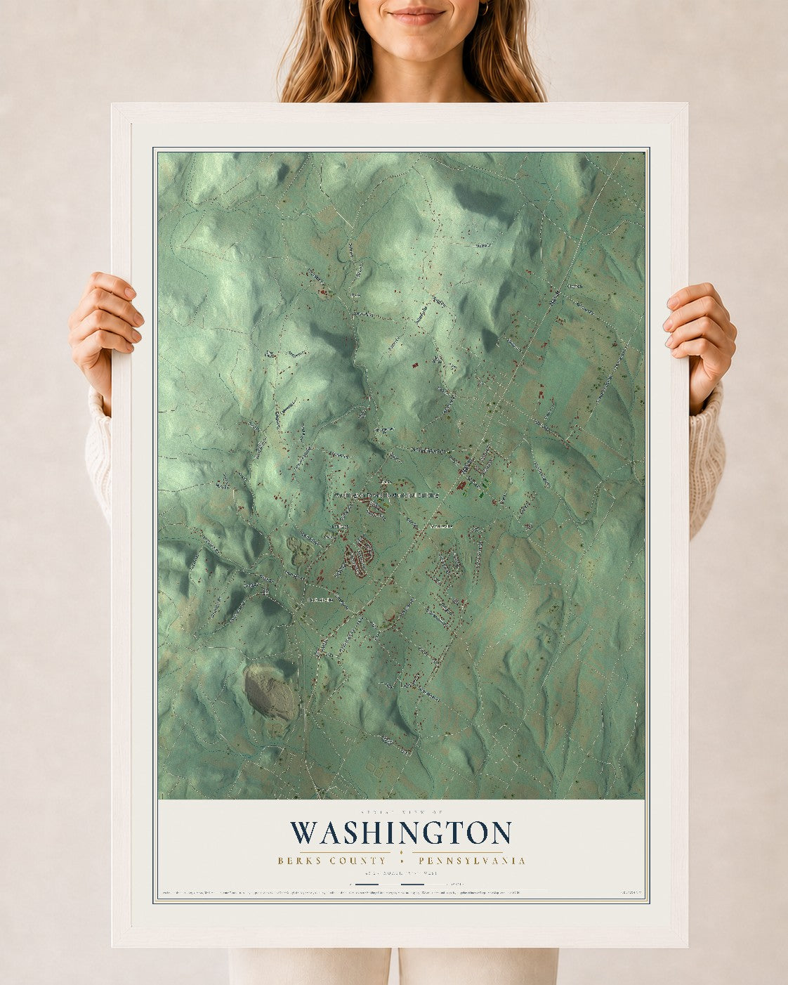 Map of Washington, Berks County, Pennsylvania, 24 x 36 inch print in a white wood frame