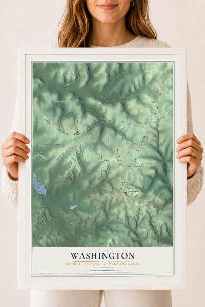 Map of Washington, Butler County, Pennsylvania, 18 x 24 inch print in a white wood frame