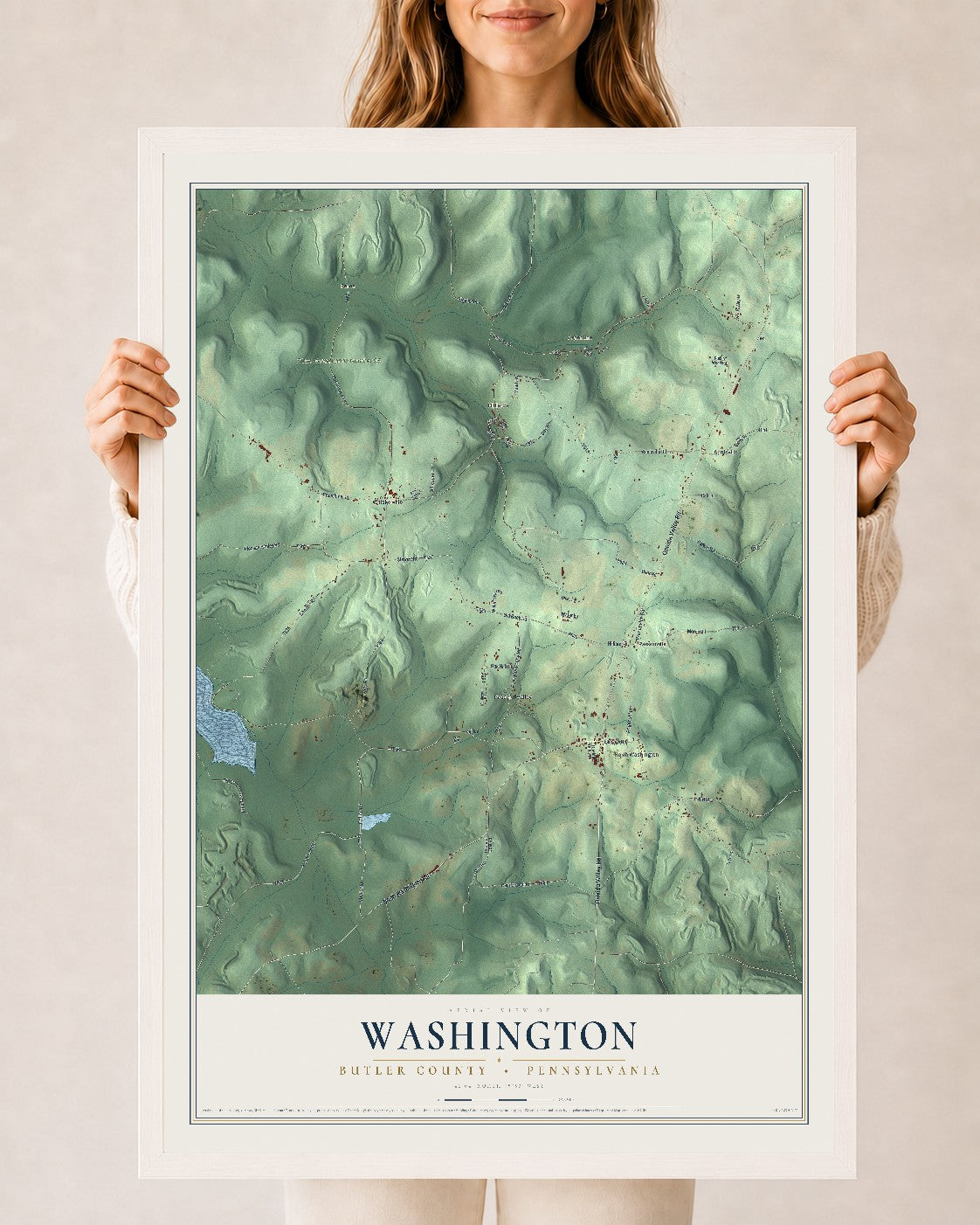 Map of Washington, Butler County, Pennsylvania, 24 x 36 inch print in a white wood frame