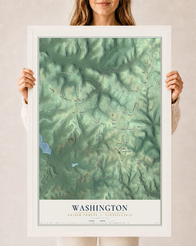 Map of Washington, Butler County, Pennsylvania, 24 x 36 inch print in a white wood frame