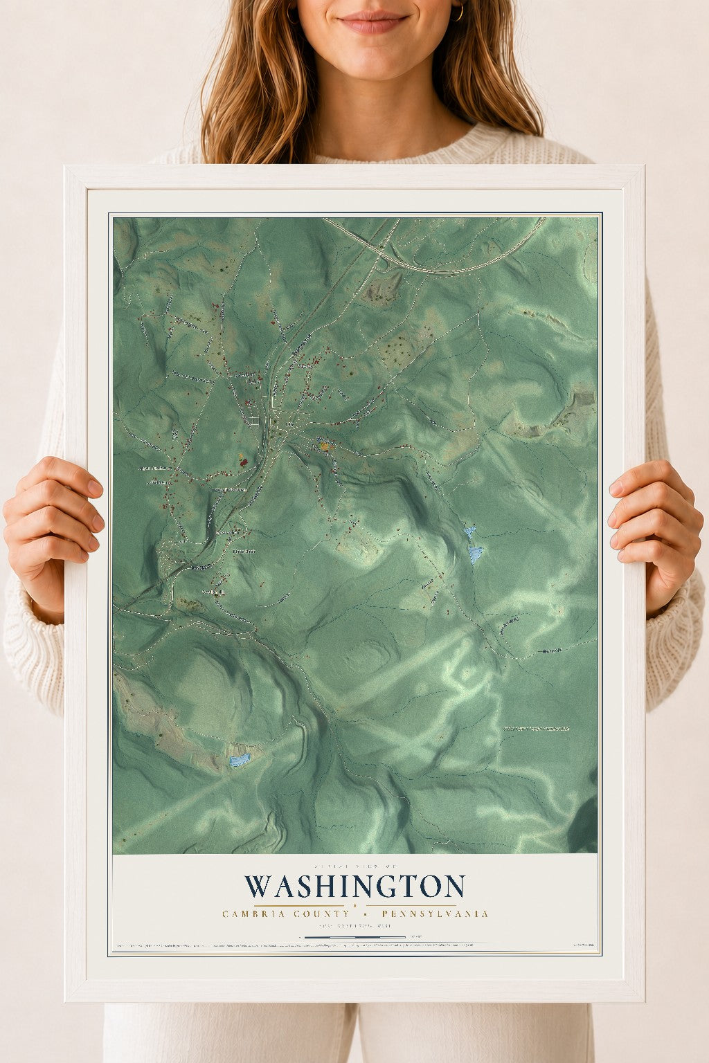 Map of Washington, Cambria County, Pennsylvania, 18 x 24 inch print in a white wood frame