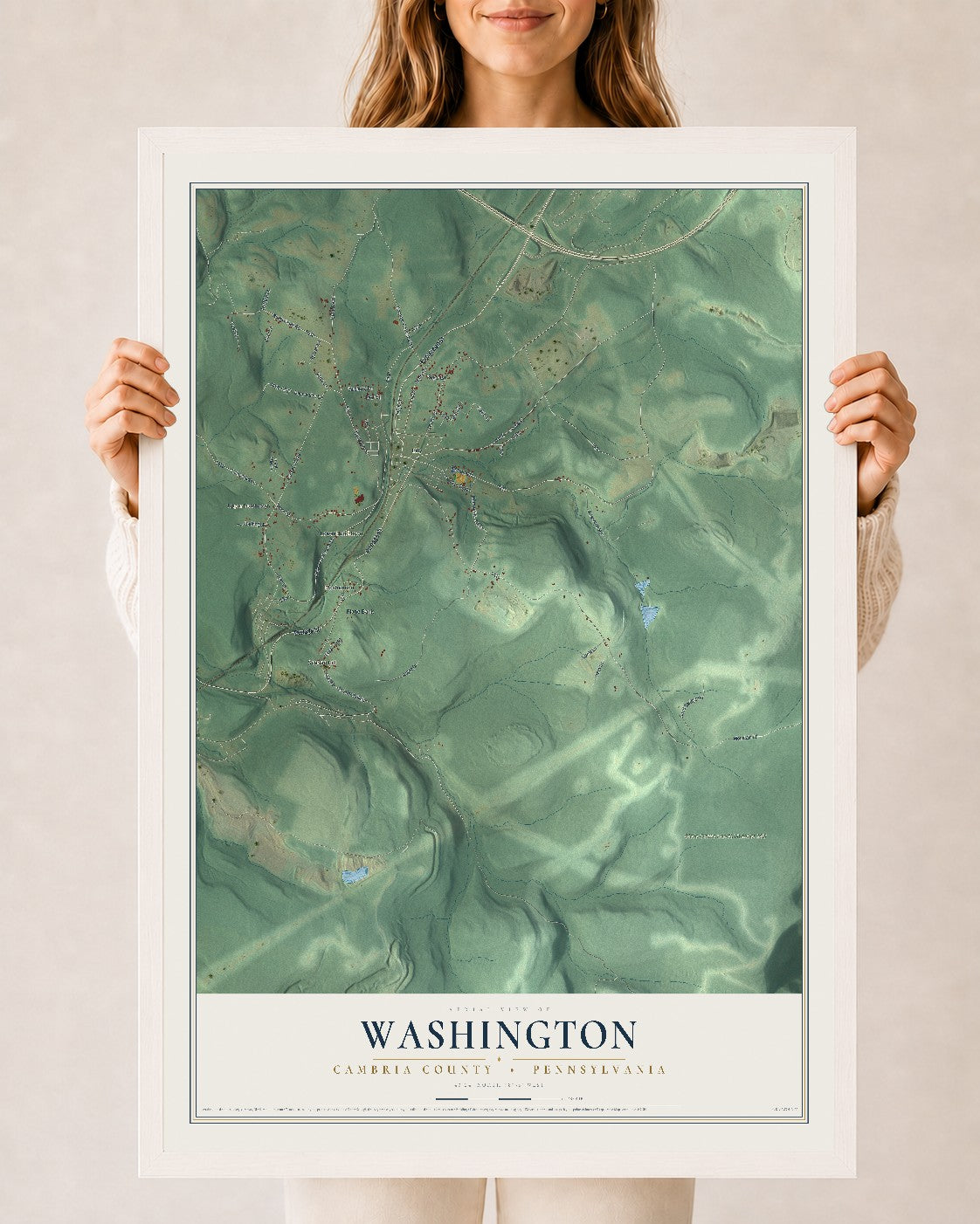 Map of Washington, Cambria County, Pennsylvania, 24 x 36 inch print in a white wood frame
