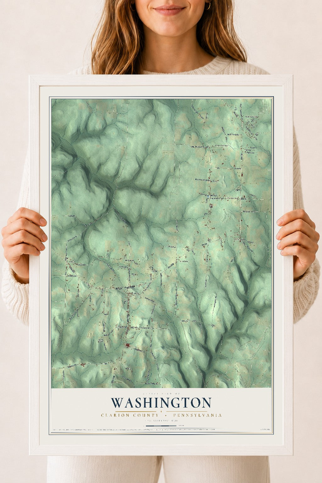 Map of Washington, Clarion County, Pennsylvania, 18 x 24 inch print in a white wood frame