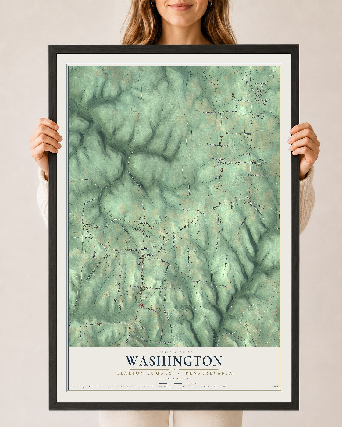 Map of Washington, Clarion County, Pennsylvania, 24 x 36 inch print in a black wood frame