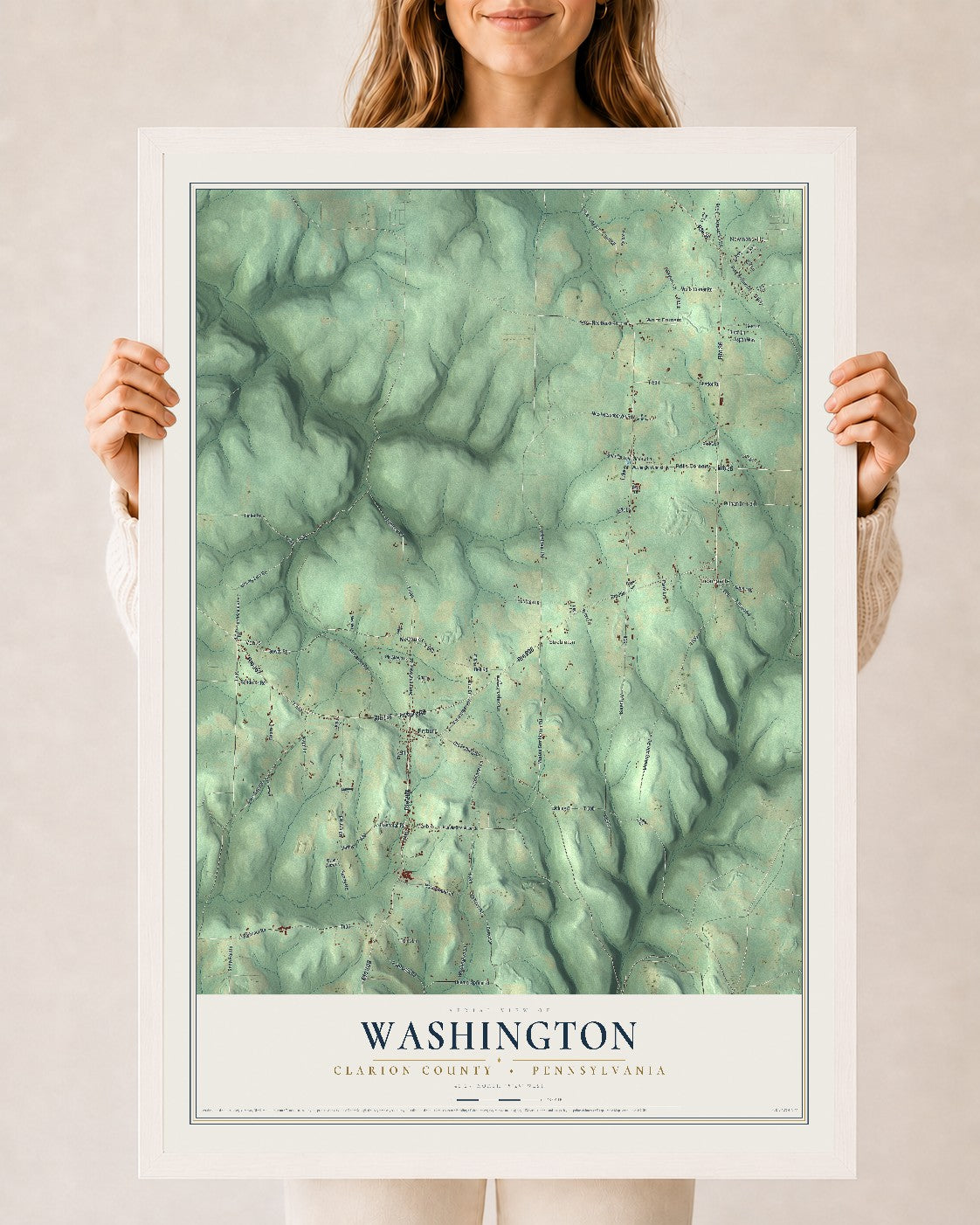 Map of Washington, Clarion County, Pennsylvania, 24 x 36 inch print in a white wood frame