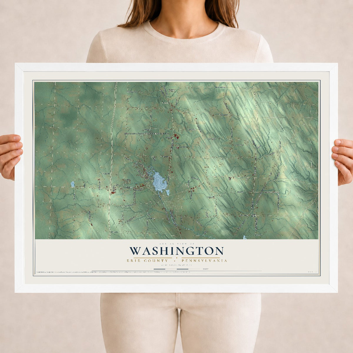Map of Washington, Erie County, Pennsylvania, 18 x 24 inch print in a white wood frame