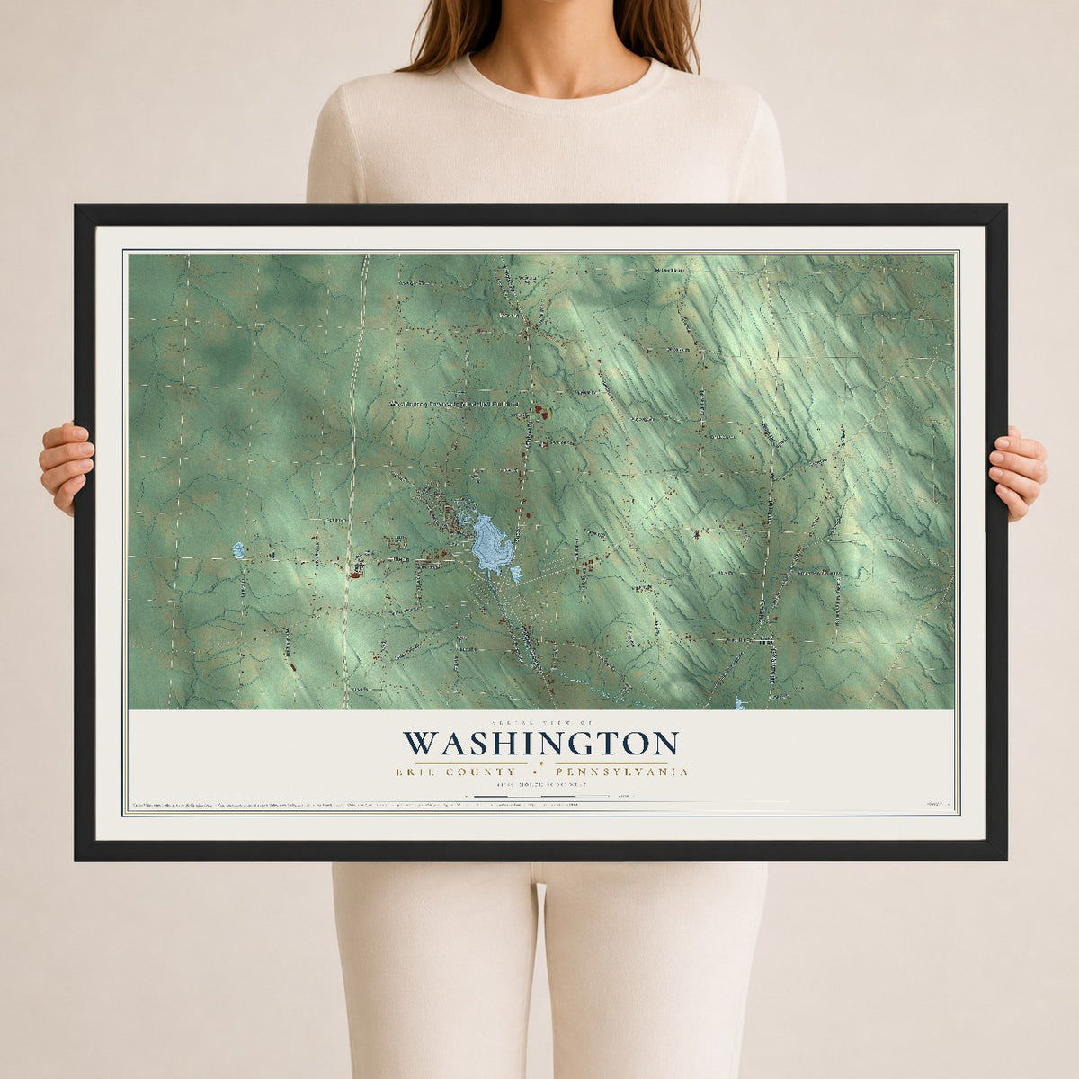 Map of Washington, Erie County, Pennsylvania, 24 x 36 inch print in a black wood frame