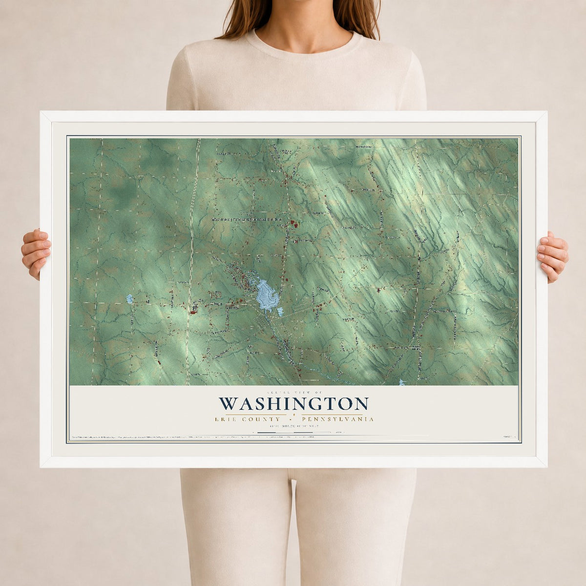 Map of Washington, Erie County, Pennsylvania, 24 x 36 inch print in a white wood frame