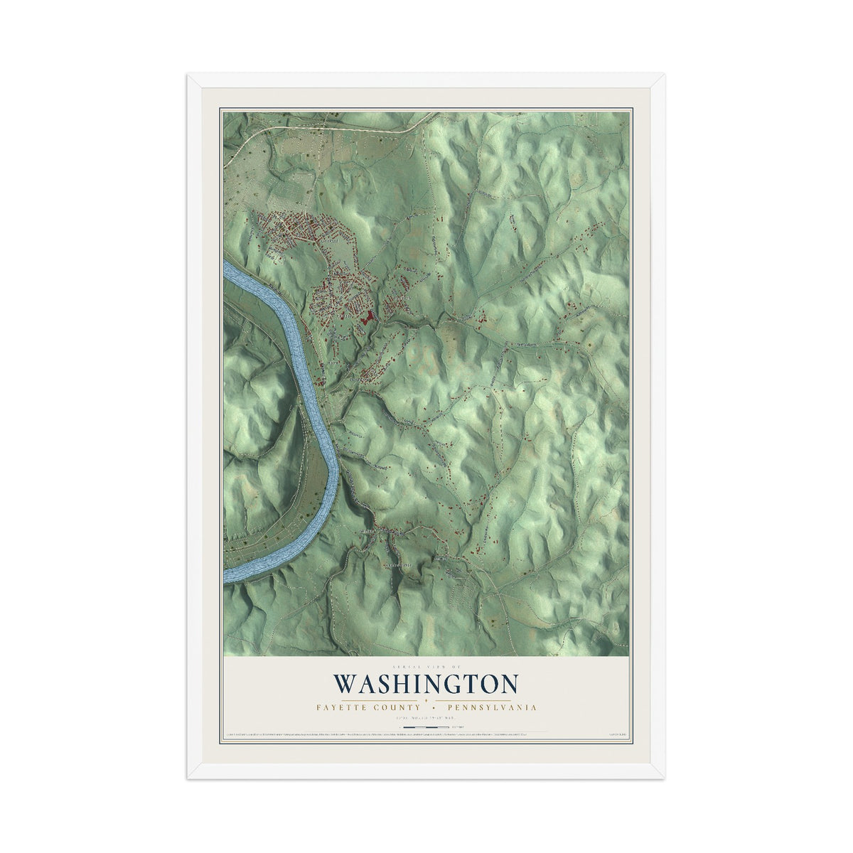 Map of Washington, Fayette County, Pennsylvania, 12 x 18 inch print in a white wood frame