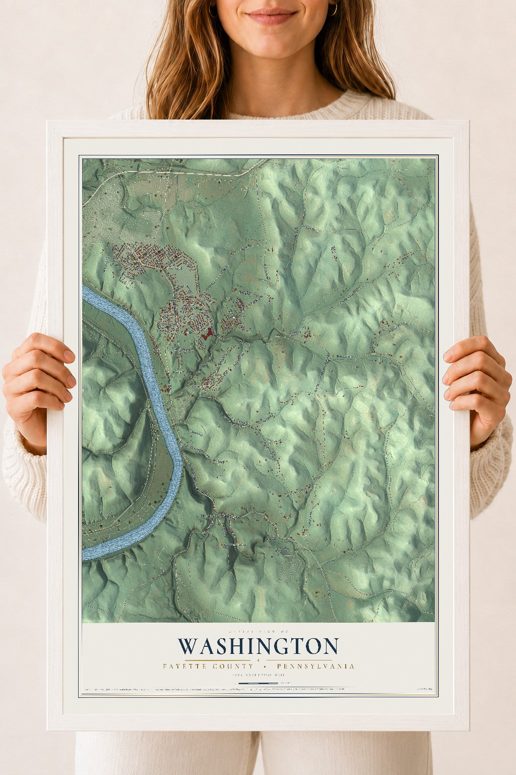 Map of Washington, Fayette County, Pennsylvania, 18 x 24 inch print in a white wood frame