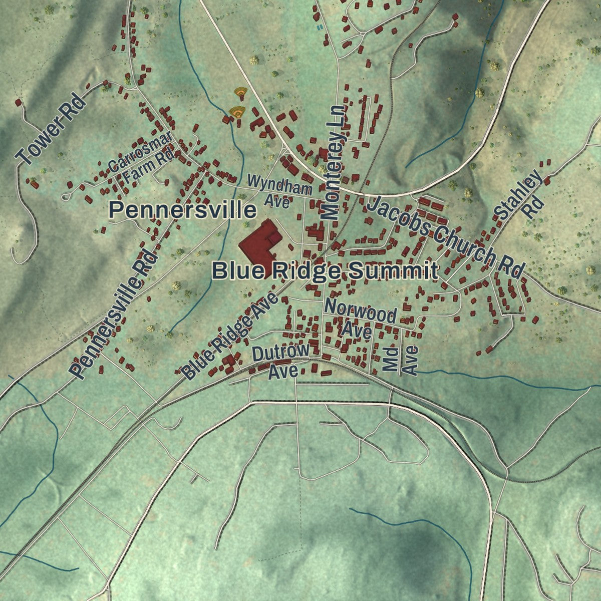 Close-up of the map of Washington, Franklin County, Pennsylvania print showing street and building detail