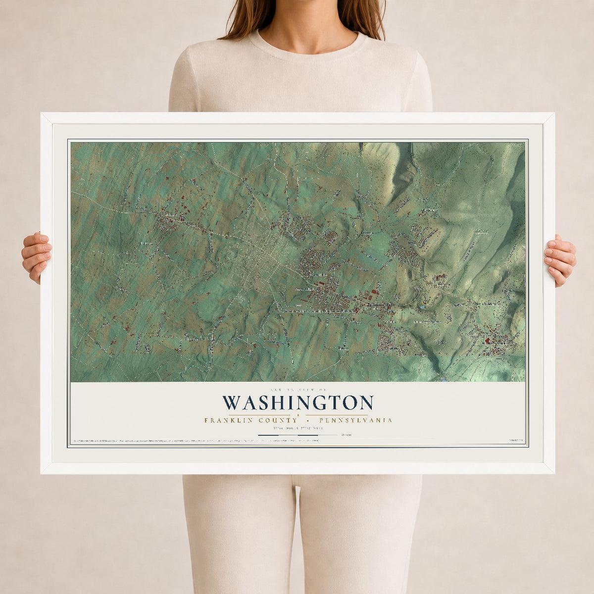 Map of Washington, Franklin County, Pennsylvania, 24 x 36 inch print in a white wood frame
